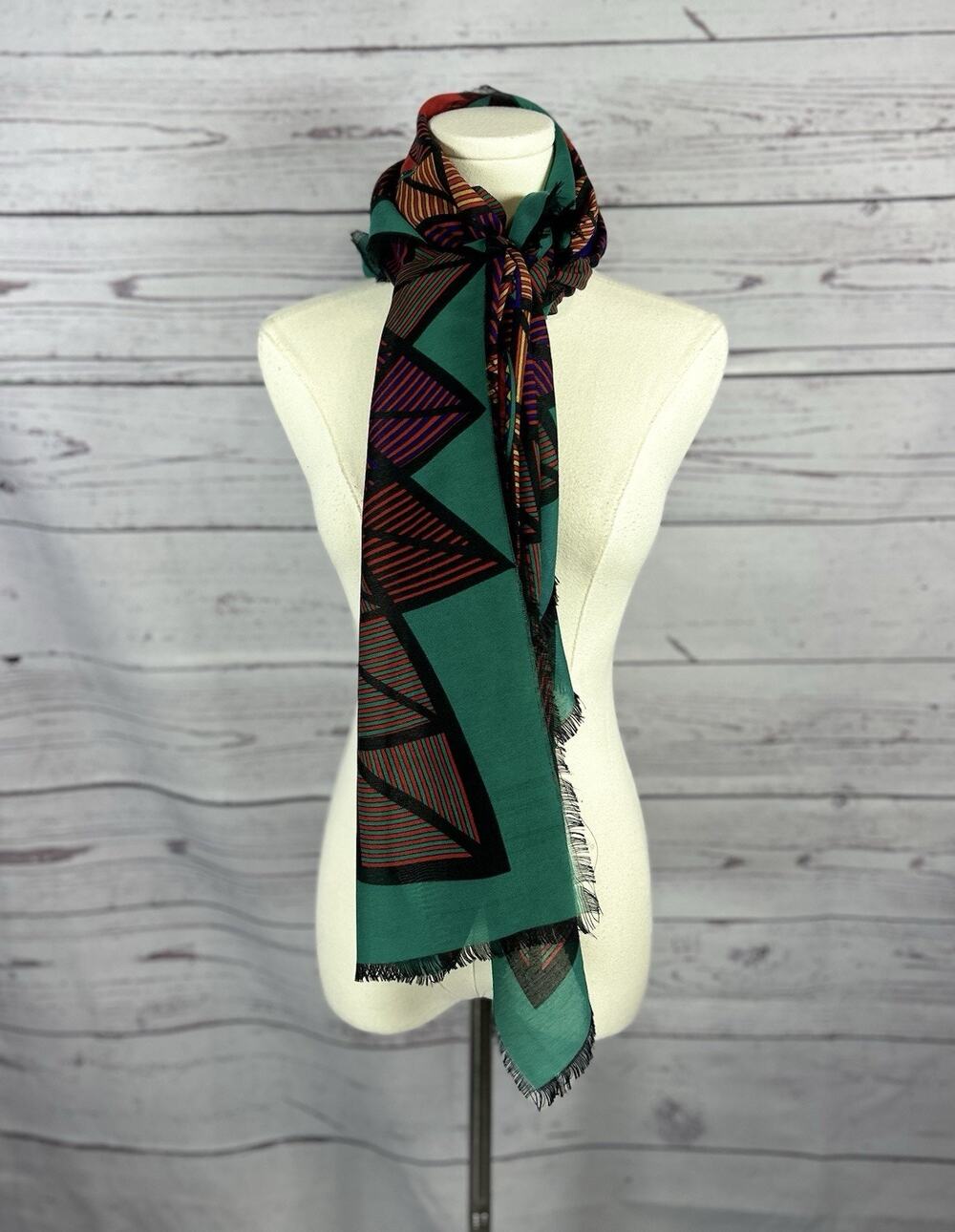 RODIER Geometric Print Wool Shawl Scarf 54x54 Multicolor Fringe Oversized